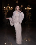 Elora Dress - Beige Chiffon Elegance featuring a two-piece silhouette with flowing cape sleeves and ruched bodice, perfect for evening wear.