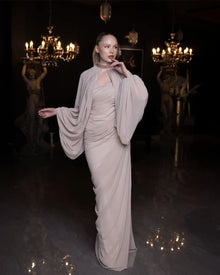 Elora Dress - Beige Chiffon Elegance featuring a two-piece silhouette with flowing cape sleeves and ruched bodice, perfect for evening wear.