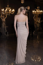 Strapless back view of Elora Dress - Beige Chiffon Elegance revealing the fitted silhouette and soft draping, perfect for evening elegance.