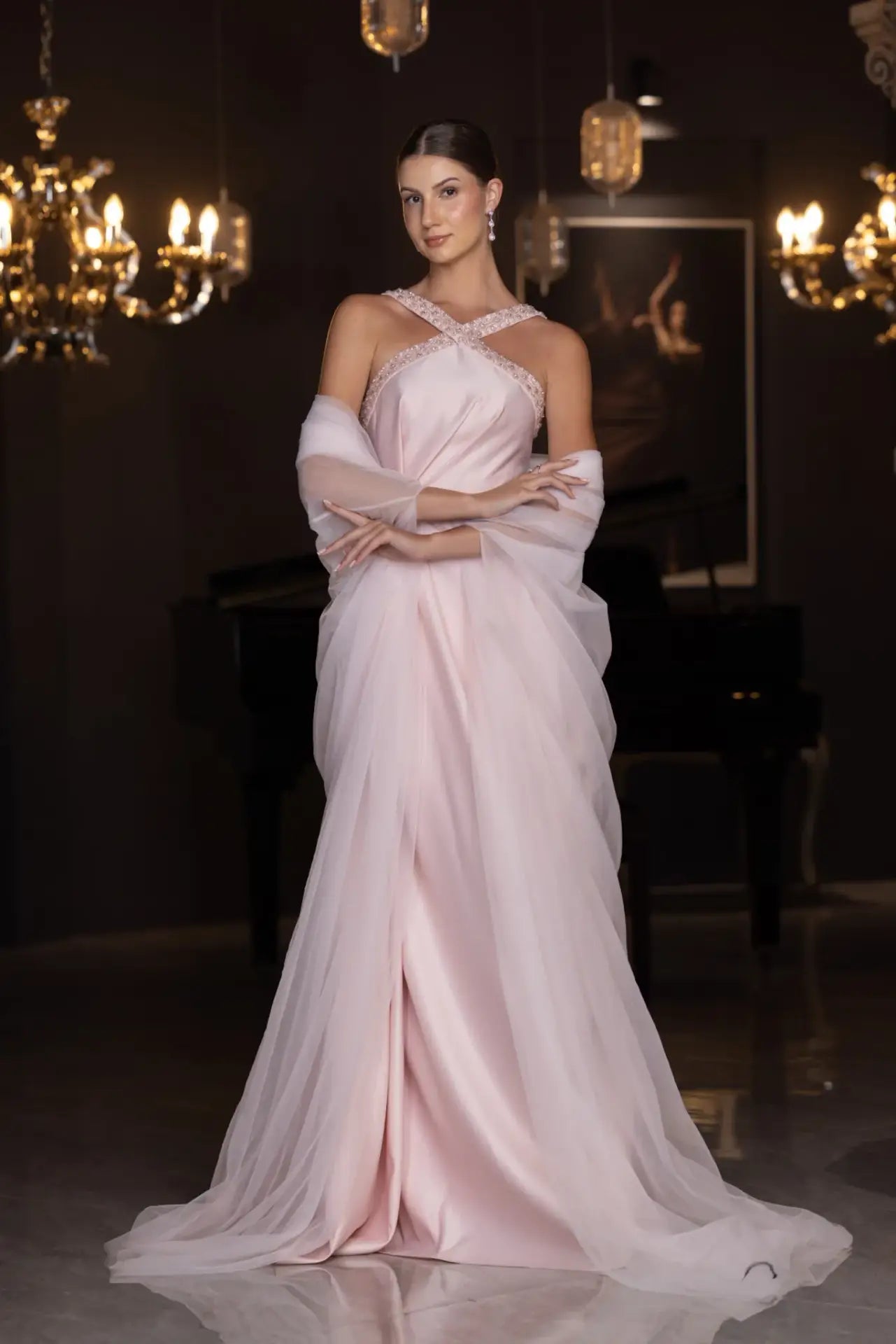 Lily Set - Blush Pink Taffeta Gown styled with sheer wrap, showcasing pleated skirt and elegant neckline for timeless glamour.