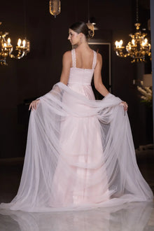 Back detail of Lily Set - Blush Pink Taffeta Gown with wide straps and layered sheer train, designed for sophisticated style.