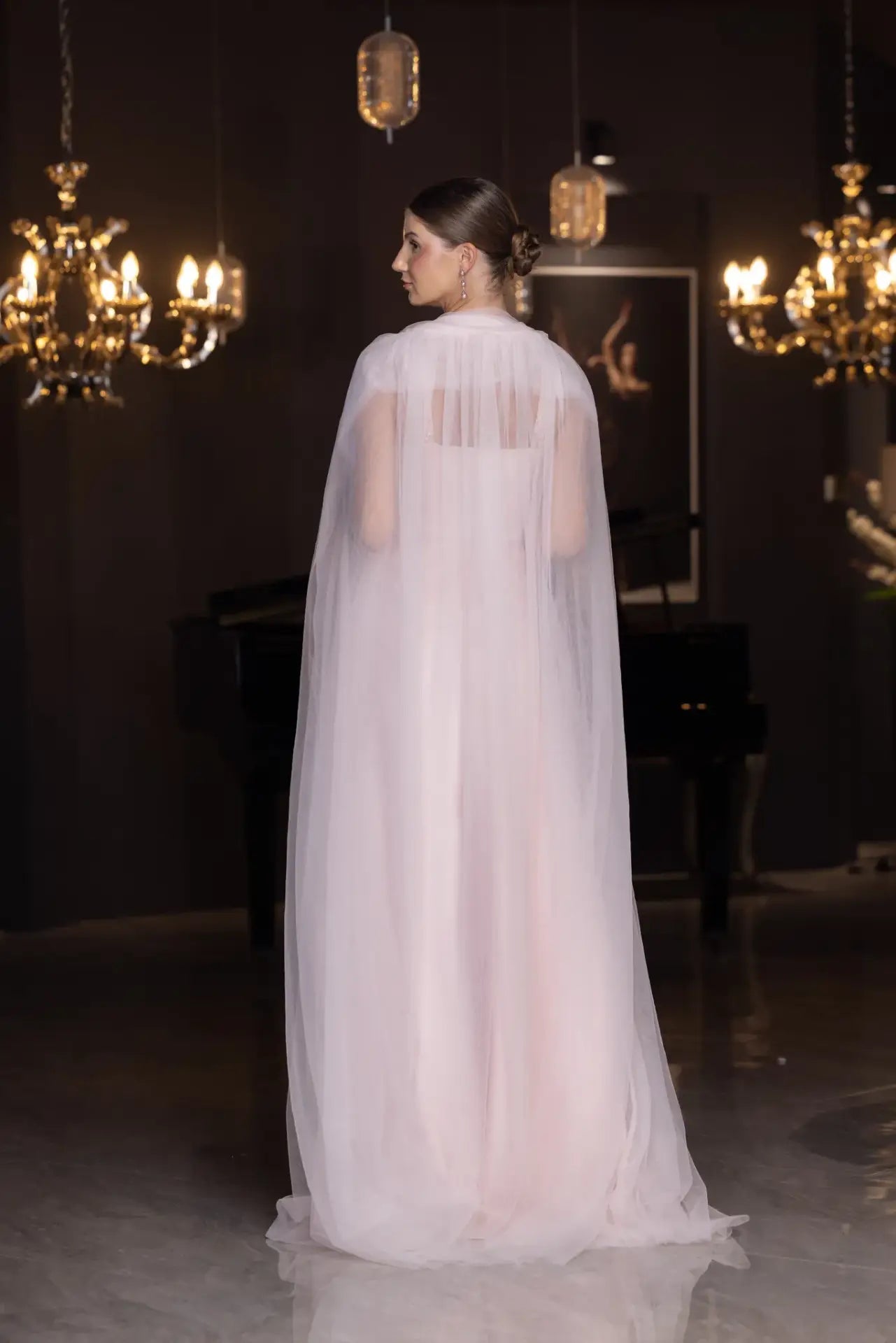Back view of Lily Set - Blush Pink Taffeta Gown featuring flowing sheer cape overlay, ideal for elegant evening occasions.