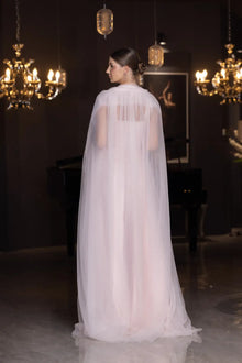 Back view of Lily Set - Blush Pink Taffeta Gown featuring flowing sheer cape overlay, ideal for elegant evening occasions.