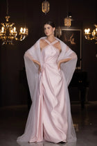 Lily Set - Blush Pink Taffeta Gown with structured silhouette and draped sheer shawl, perfect for gala nights and formal events.