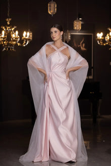 Lily Set - Blush Pink Taffeta Gown with structured silhouette and draped sheer shawl, perfect for gala nights and formal events.