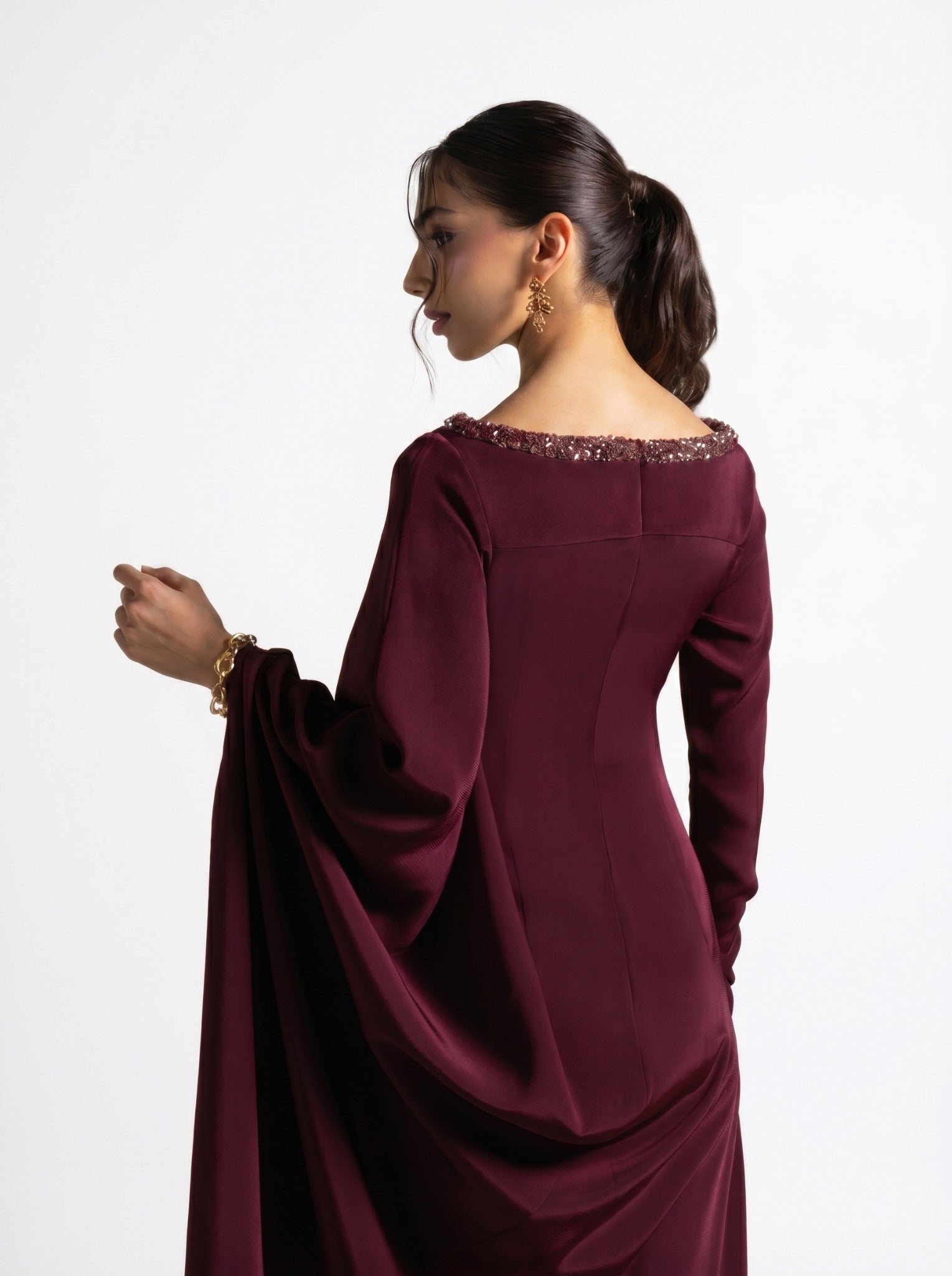 Roxana Maroon Draped Waist Sleeve Gown