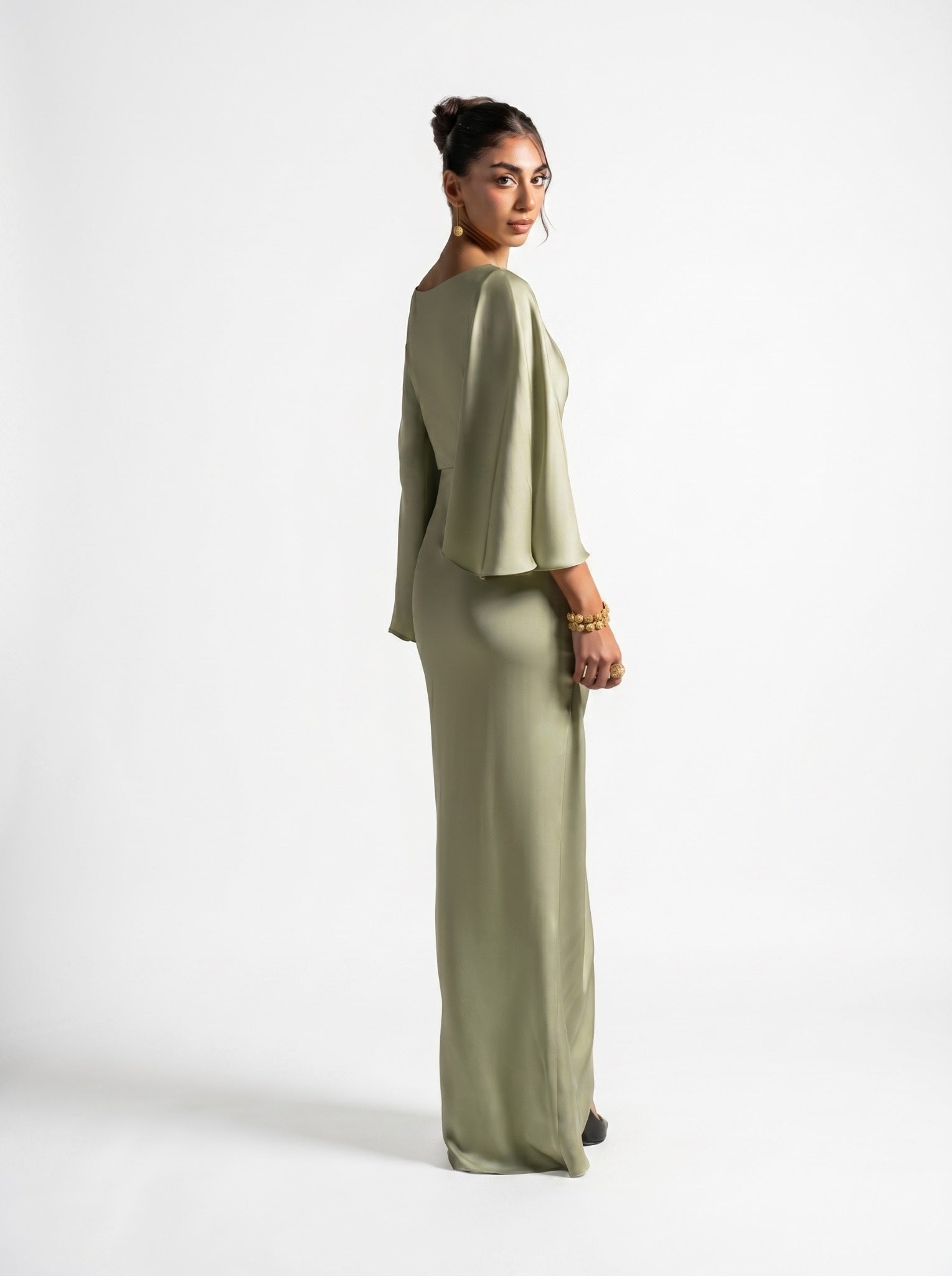 Renee Pistachio Draped Long Sleeve Embellished Gown