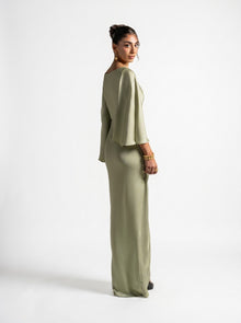 Renee Pistachio Draped Long Sleeve Embellished Gown