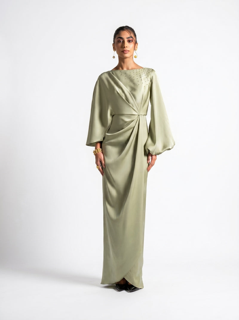 Renee Pistachio Draped Long Sleeve Embellished Gown