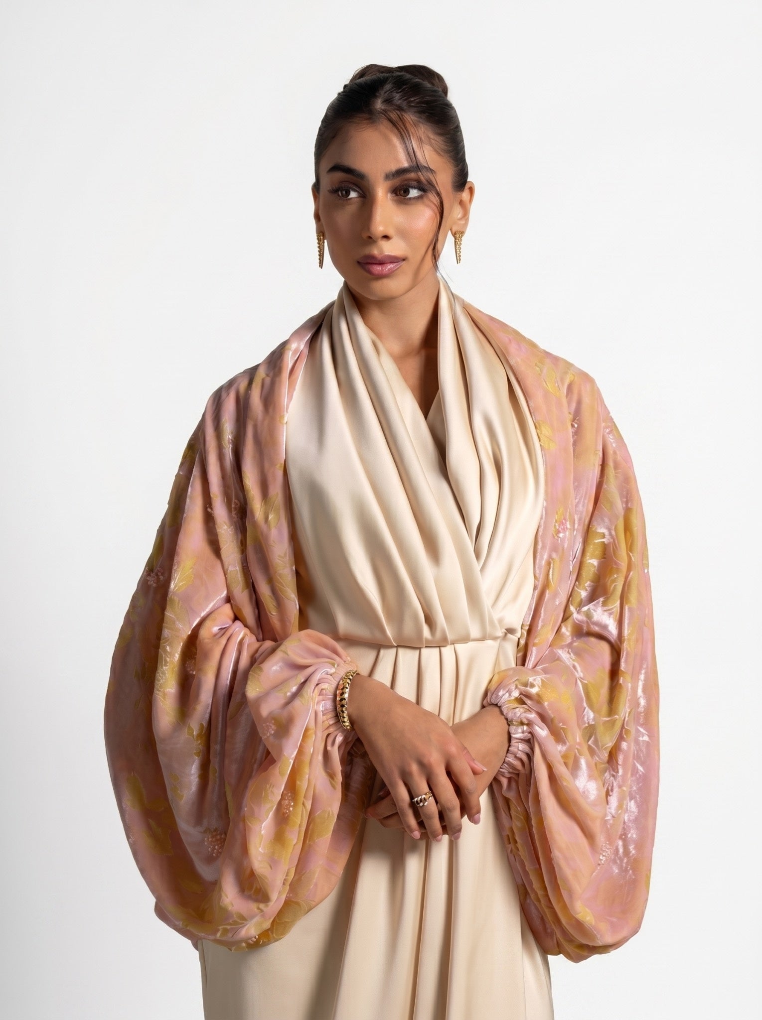 Selene Beige Satin Column Draped Overlay Gown Set