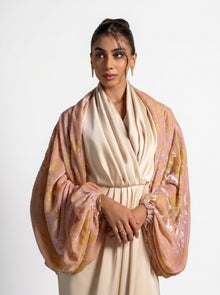 Selene Beige Satin Column Draped Overlay Gown Set