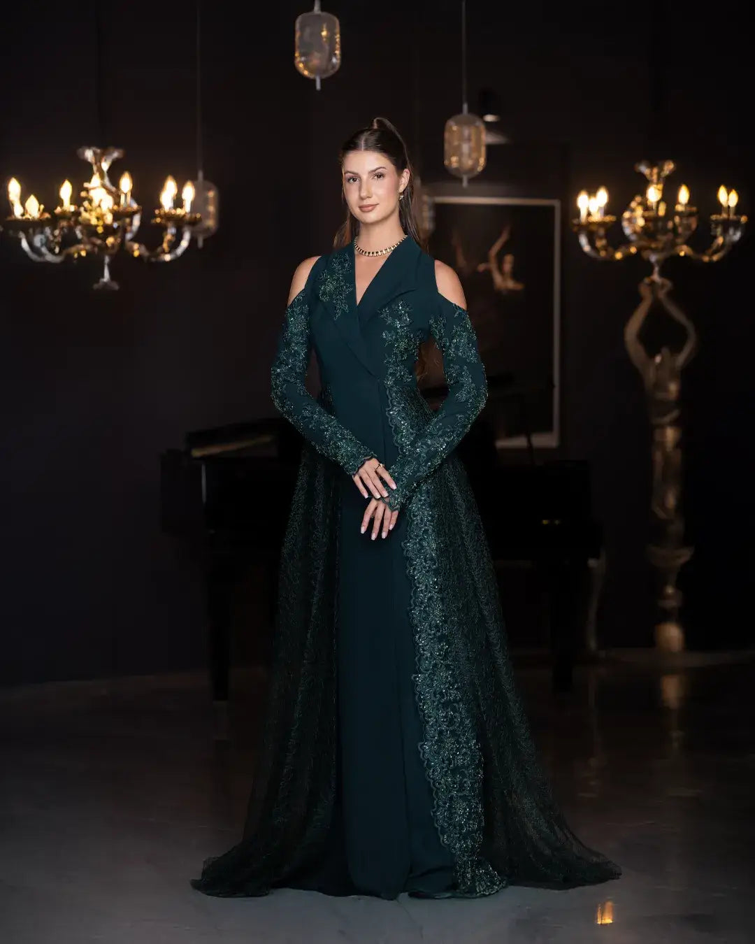 Pochette Dress - Emerald Green | Structured Silhouette from Verite Majestique PF2025, featuring cut-out shoulders and intricate lace overlay.