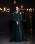 Pochette Dress - Emerald Green | Structured Silhouette from Verite Majestique PF2025, featuring cut-out shoulders and intricate lace overlay.