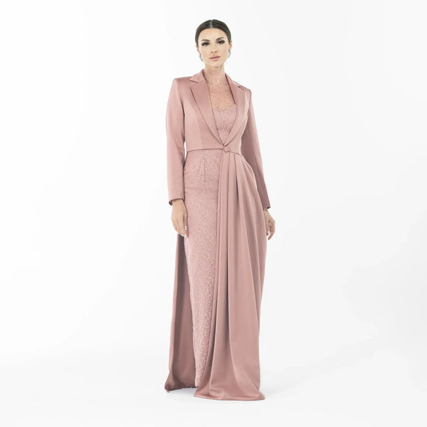 Joy Dress, a luxury high-neck lace gown with tailored coat in dusty rose color, perfect for evening wear and special occasions.