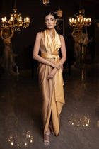 Front view of Kelly Set dress with satin finish and wrap-style waist, designed for sophisticated evening looks.