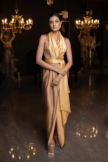 Front view of Kelly Set dress with satin finish and wrap-style waist, designed for sophisticated evening looks.