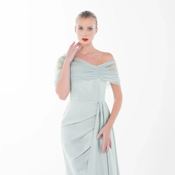 Angelina Dress off-shoulder gown in light grey, elegant pleated design for evening wear, high end fashion for women.