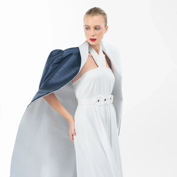 Ava Set featuring a halter-neck gown and oversized coat in navy blue and white, perfect for high-end evening wear.