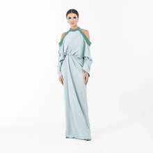 Ophelia Dress - Ramadan Collection gown in seafoam green satin with cold-shoulder cut and green embellished neckline, front view.