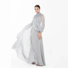 Rossettie Dress - Ramadan Collection | Satin, Chiffon Gown in soft grey with flowing chiffon overlay and high-neck design, ideal for Eid events.