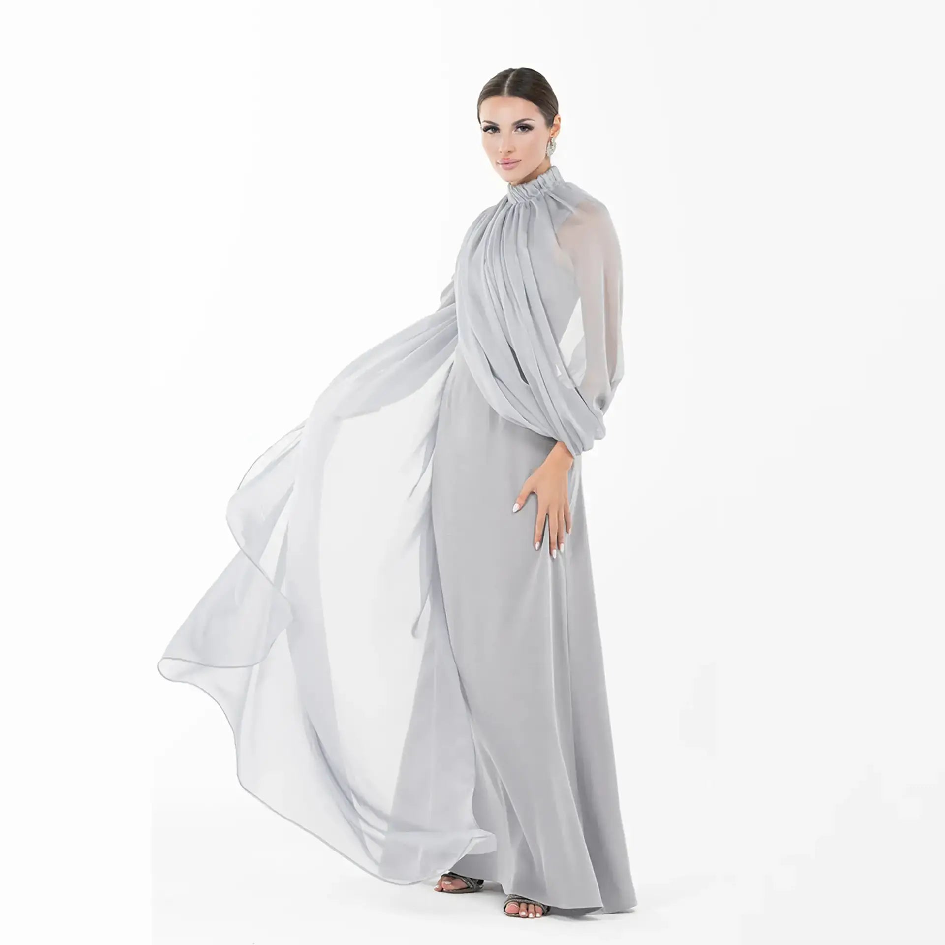 Rossettie Dress - Ramadan Collection | Satin, Chiffon Gown in soft grey with flowing chiffon overlay and high-neck design, ideal for Eid events.
