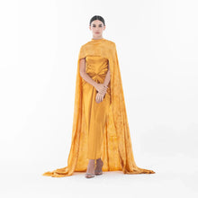 Helena Dress - Satin Gown | Formal Gown with Cape in mustard yellow featuring a ruched bodice and floor-length cape, ideal for Eid or formal events.