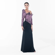Ralphael Dress - Amethyst Sculpted Gown featuring metallic brocade bodice and black satin skirt, ideal for couture fashion events.