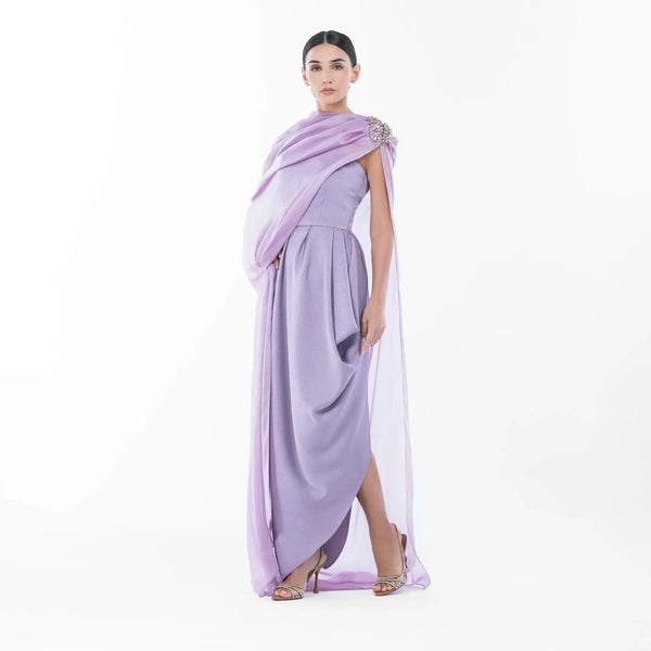 Opium Dress in lilac chiffon, featuring a one-shoulder design and detachable embellished cape for luxury evening wear.