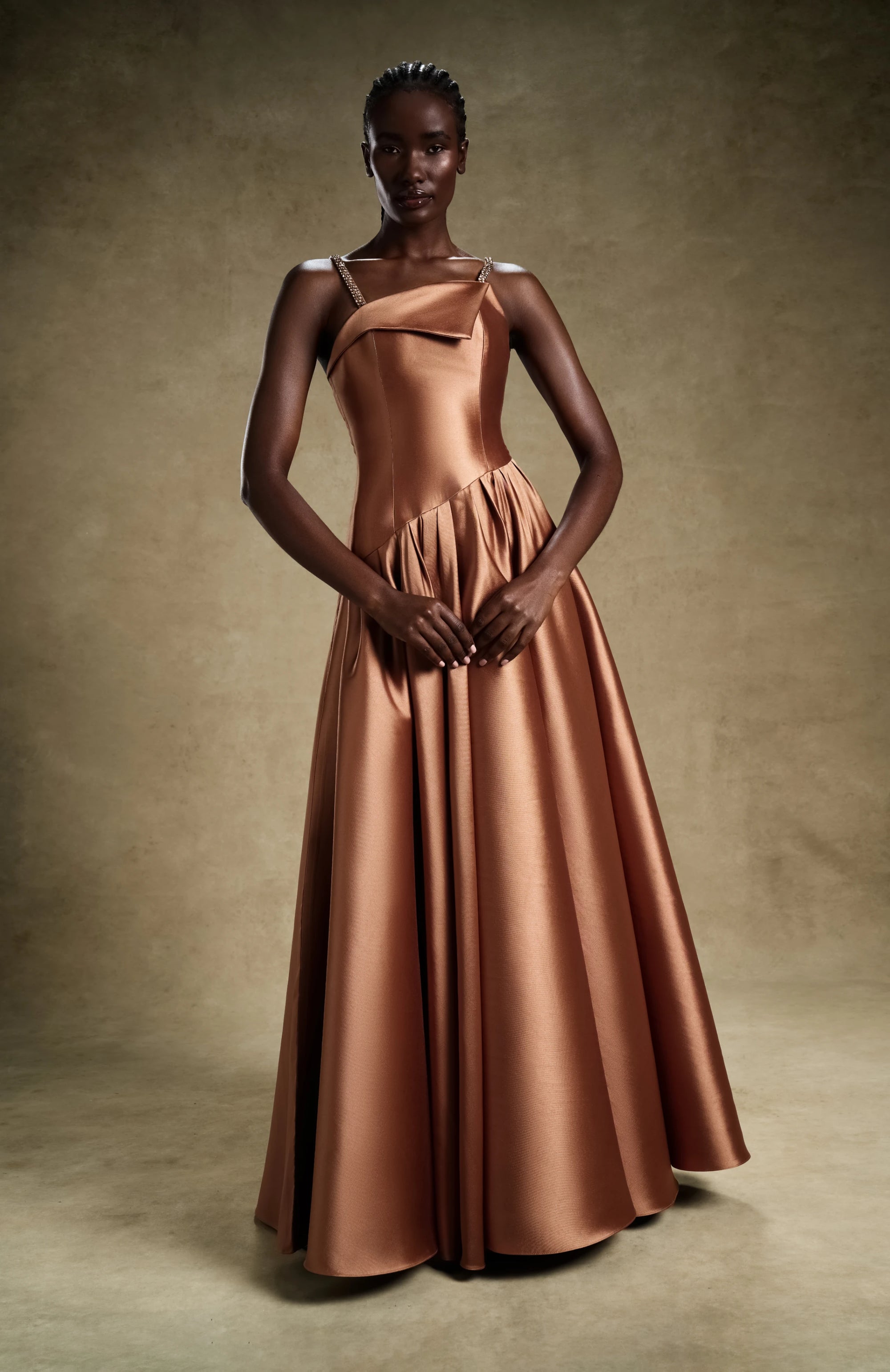 luxury brown dress Long Sleeve Plunge V Neck Maxi Dress Brown