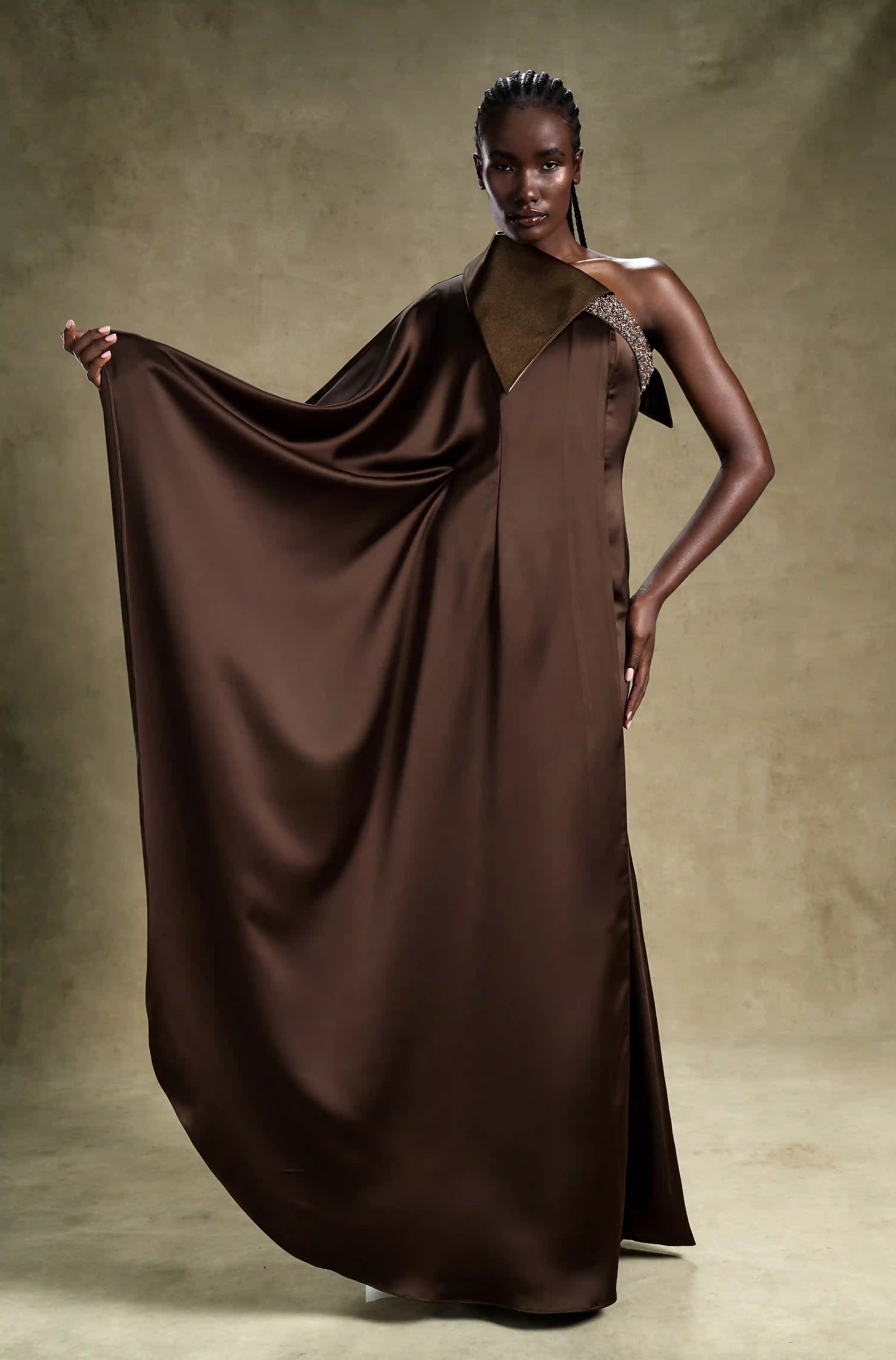 Bronze Majesty Brown One Shoulder Cape Gown
