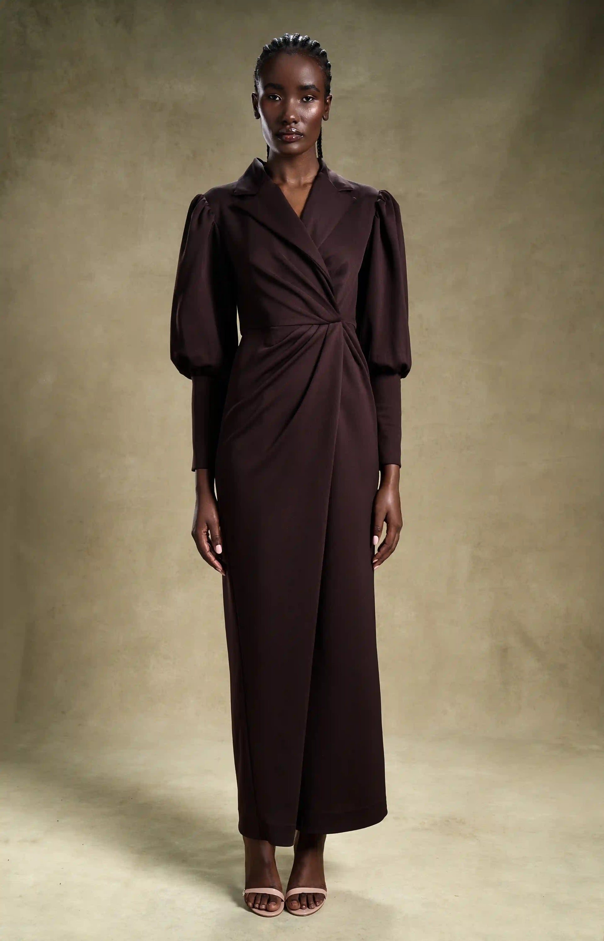Mocha Sculpt Brown Wrap Puffed Sleeve Midi