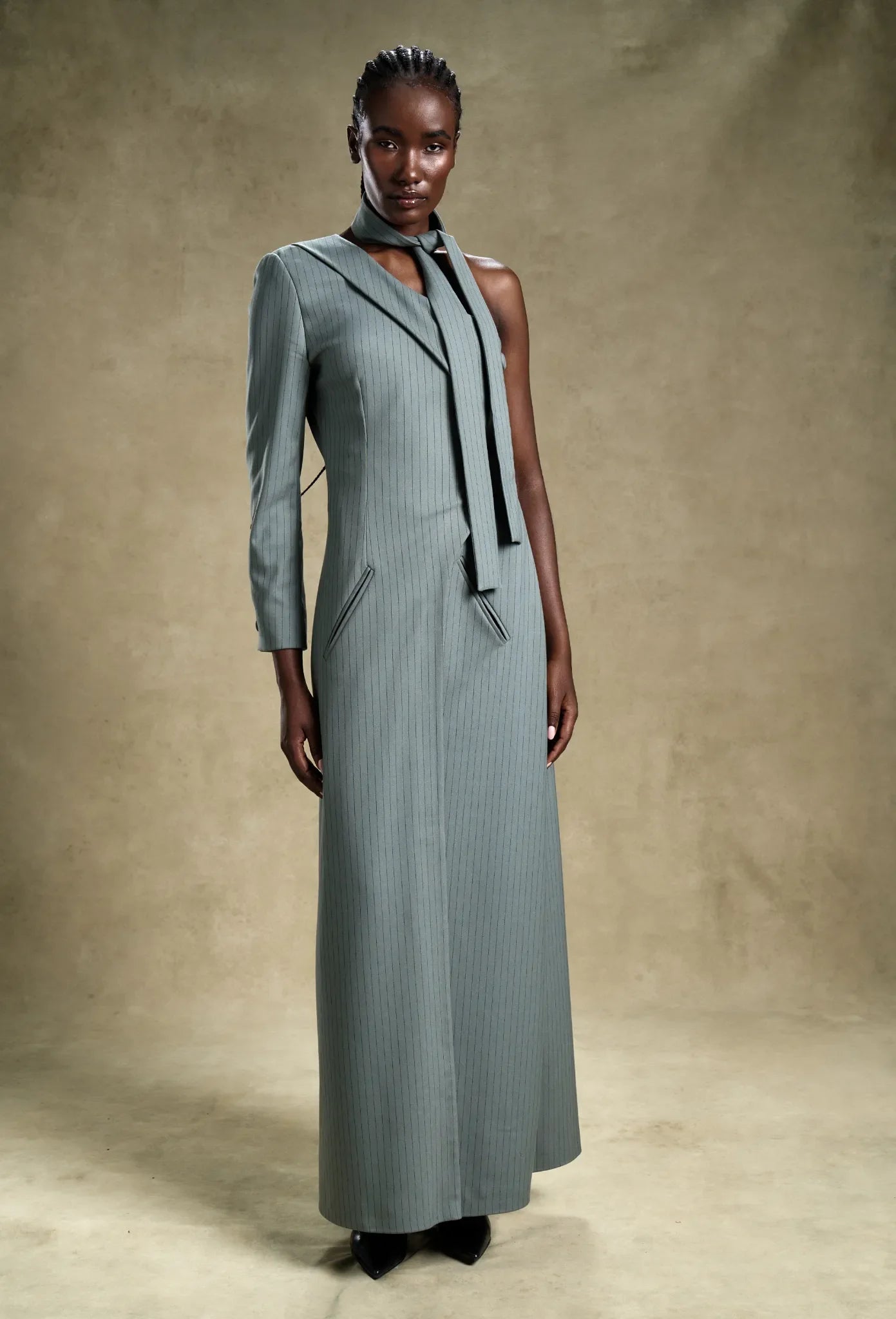 Slate Precision: Asymmetrical Luxury Dress for Women