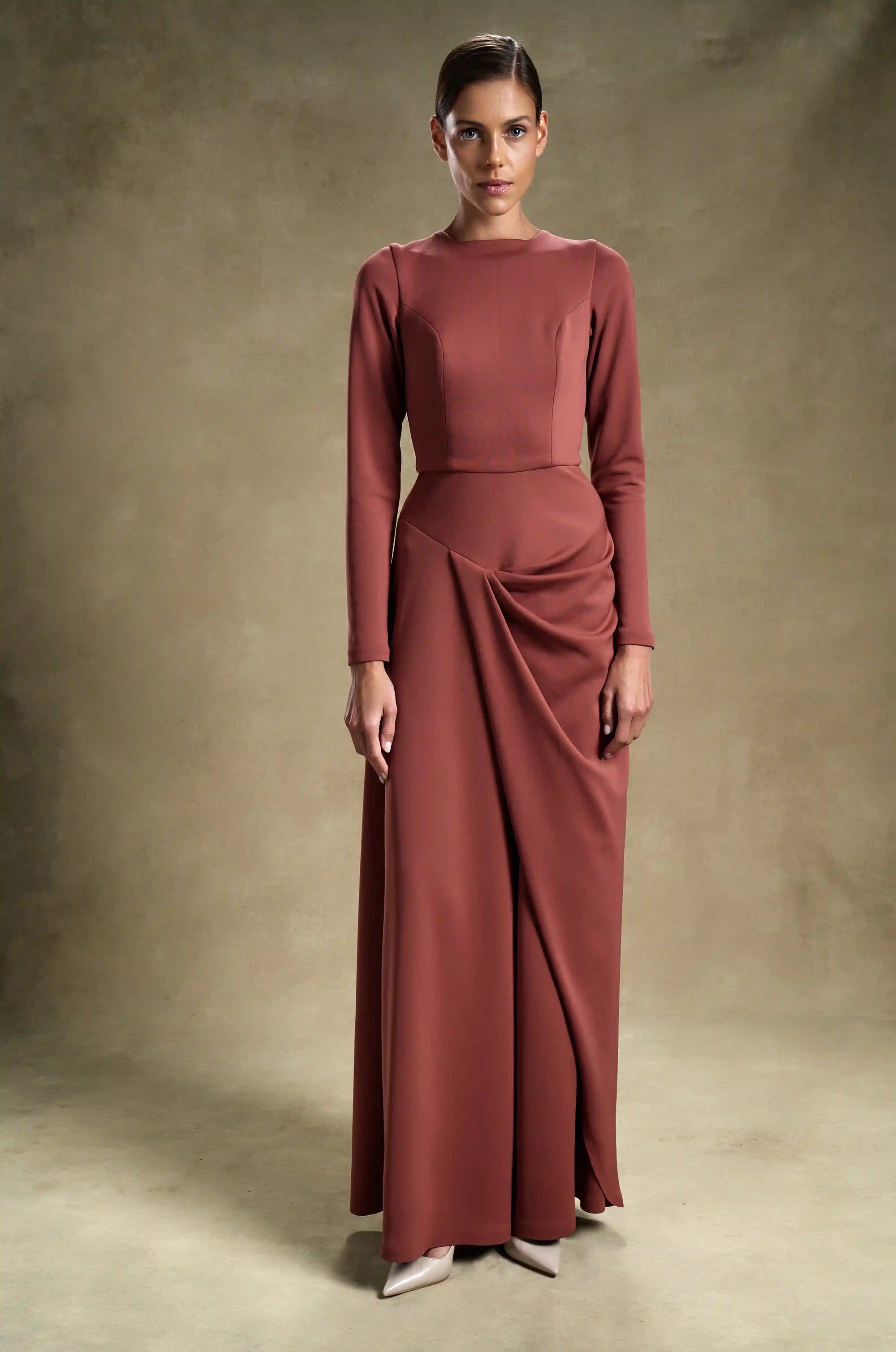 long sleeve drape dress Auburn Drape - Elegant Evening Wear for Women