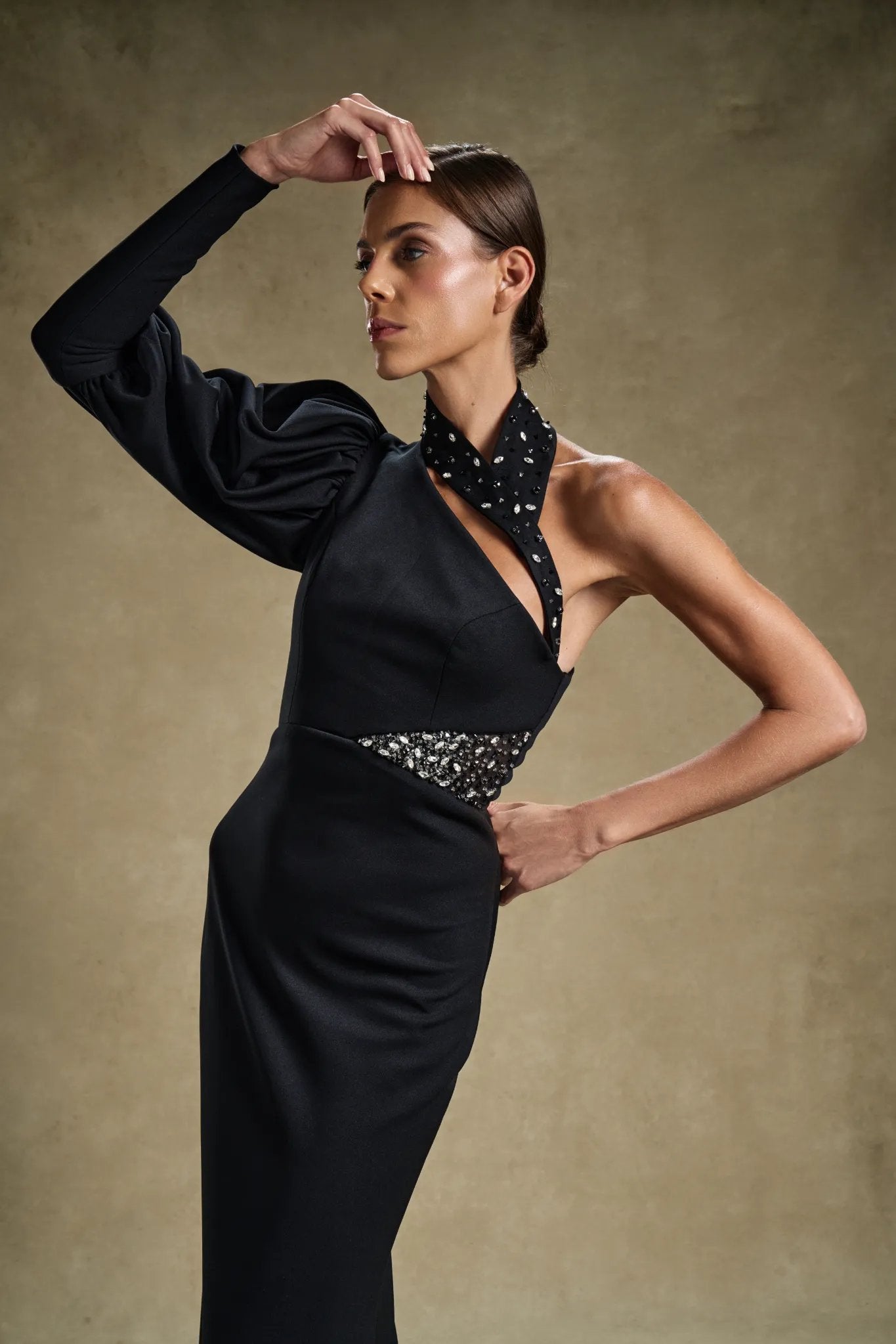 Obsidian Regal Black Asymmetric Puffed Sleeve Halter Embellished Gown