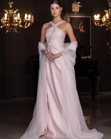 Lily Set - Blush Pink Taffeta Gown with pleated skirt and crystal-trimmed neckline, styled with sheer shawl for timeless glamour.