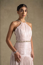 Avelisse Dress featuring elegant pleating and halter neckline, showcasing luxury evening wear from the Zarina Collection.