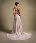 Avelisse Dress showcasing the elegant back with intricate beading and soft drape, perfect for luxury evening wear.