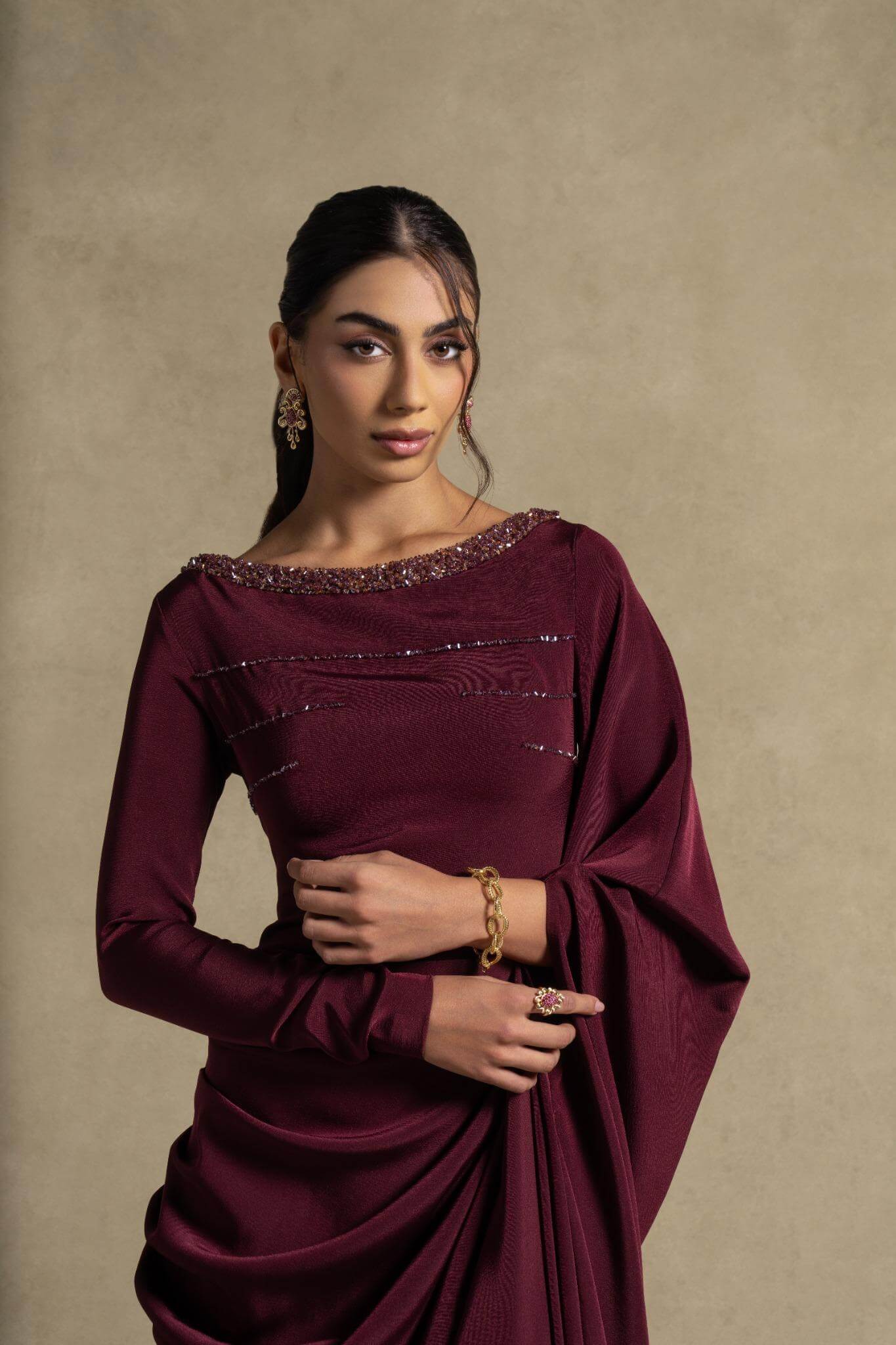 Roxana Dress in maroon with embellished neckline, showcasing luxury fashion for women, perfect for evening wear.