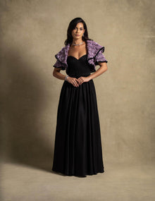 Zyra Set elegant black gown with structured tweed jacket for luxury evening wear in high end fashion.