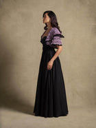 Zyra Set elegant black gown with structured tweed jacket, perfect for evening wear and high end fashion.