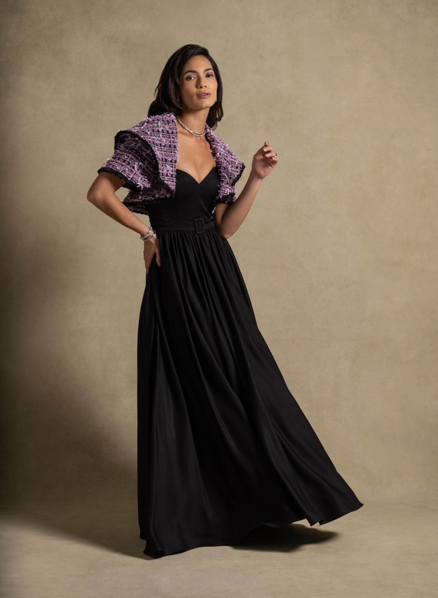 Zyra Set elegant black gown with tweed jacket, perfect for luxury evening wear and high-end fashion for women.