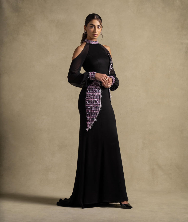 Luna Set black gown with cold-shoulder and sheer sleeves, a luxury evening wear dress from the Zarina Collection.
