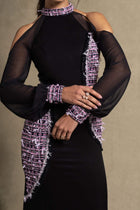 Luna Set black gown with cold-shoulder cut and sheer sleeves, a luxury evening wear for women in high-end fashion.