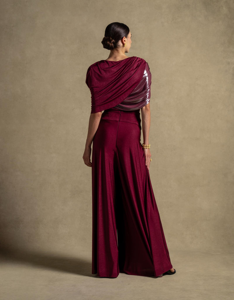 Diana Set: Elegant maroon gown with asymmetric draped bodice, perfect for luxury evening wear and high-end fashion.