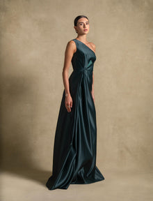 Blanche Set elegant emerald green maxi dress with one-shoulder silhouette, luxury evening wear from the Zarina Collection.