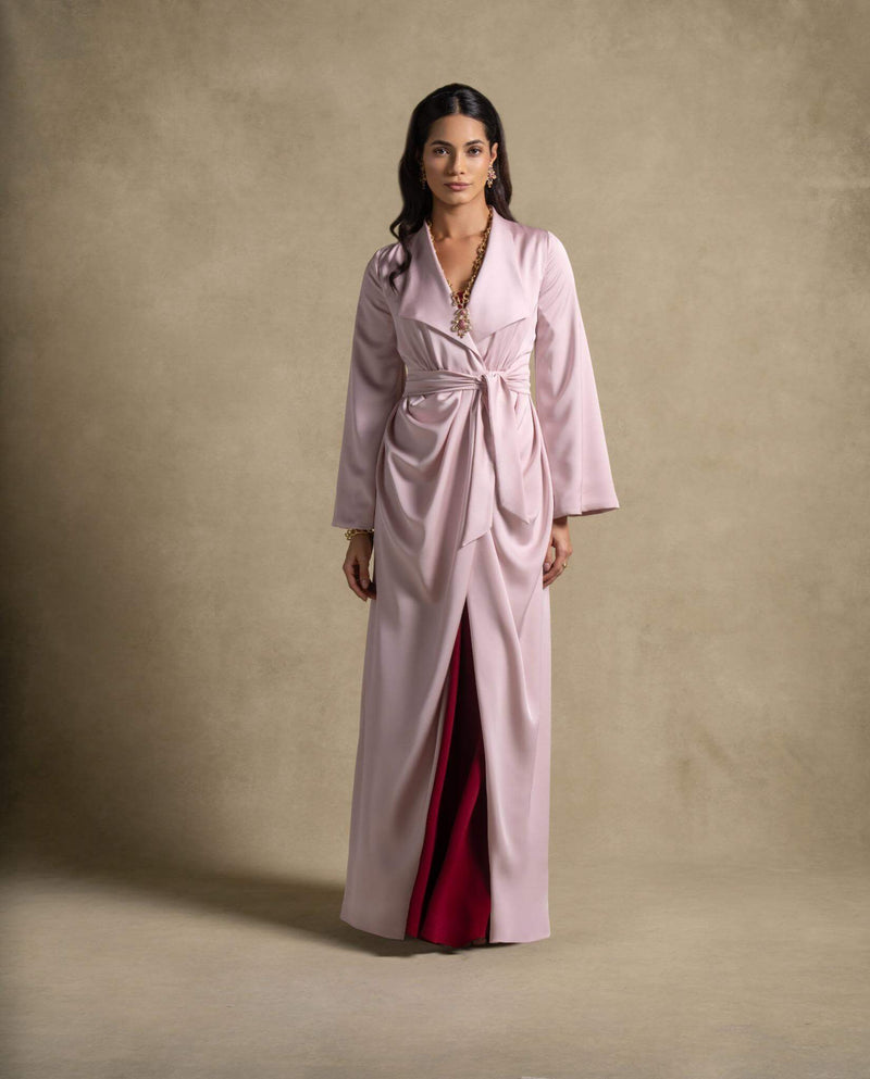 Zenna Set maroon and pink quartz gown from the Zarina Collection, showcasing high-end fashion for women's evening wear.