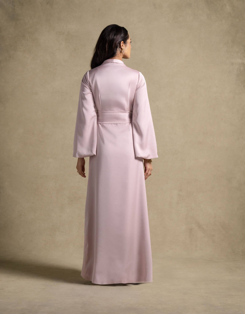 Zenna Set: elegant maroon and pink quartz gown showcasing back view, perfect for formal occasions and luxury evening wear.