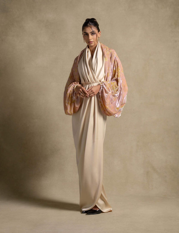 Selene Set elegant maxi dress with satin column gown and shimmering cape for women, luxury evening wear fashion