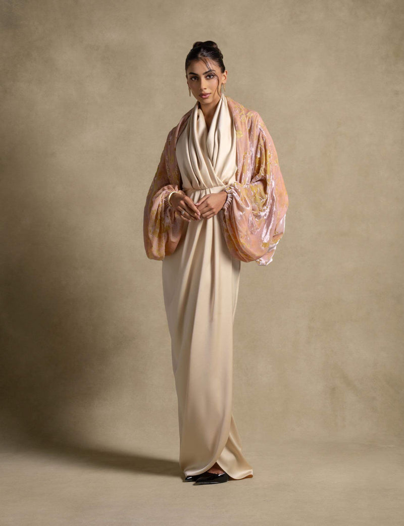 Selene Set elegant maxi dress with satin column gown and shimmering cape for women, luxury evening wear fashion