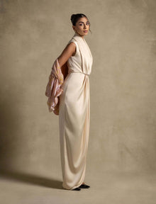 Selene Set: Elegant beige satin maxi dress with a textured cape, perfect for luxury evening wear and high-end fashion.